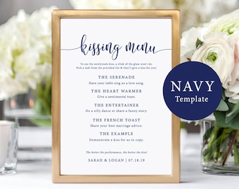 Navy Kissing Menu Template, Kissing Menu For Wedding, Rustic Wedding Printable, Wedding Kissing Game, Navy Wedding Games, DIY Kissing Games