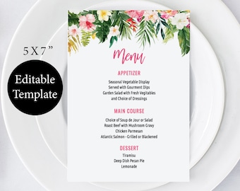 Tropical Menu Card Template, Beach Wedding Menu, Editable Menu, Printable Menu, 5x7 DIY Menu Cards, Hawaiian Wedding Menu, Tropical Party