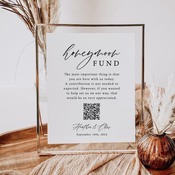 Wedding Honeymoon Fund Sign Template, QR Wishing Well Sign, Honeymoon Wish, Wedding QR Code Sign, Boho Wedding, Venmo Payment Sign Cash Gift