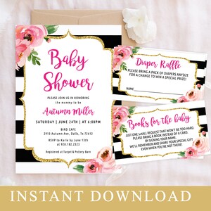 Floral Baby Shower Invitation Editable Template Set, Black Striped Baby Shower Invite Printable, Hot Pink, Kate Theme Baby Shower Insert DIY