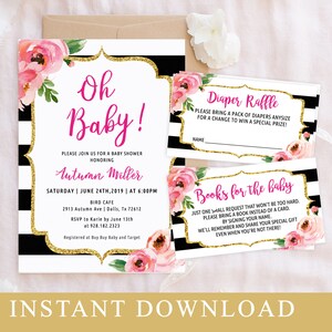 May include: Black and white striped baby shower invitation with pink floral accents. The invitation reads "Oh Baby!" and includes the name "Autumn Miller" and details for the event. There are also two smaller cards for a diaper raffle and a request for books instead of cards.