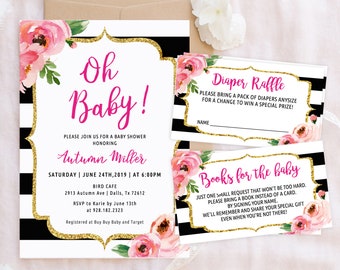 Oh Baby Invitation Template Set, Editable Floral Baby Shower Invitation, Kate Baby Shower, Baby Girl Shower Printable, DIY, DIgital