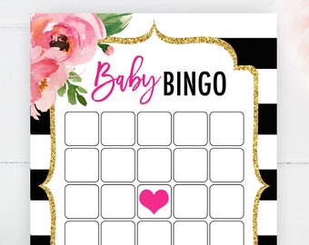 Kate Baby Shower Bingo, Printable Baby Bingo Game Cards, Pink Floral Baby Shower Games, Kate Floral Striped Baby Shower, Instant Download