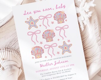 Sea You Soon Baby Sea Baby Shower Invitation Template, Coastal Girl Baby Shower, Sea Shell Baby Shower Under The Sea Editable, Canva