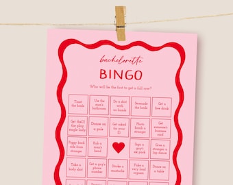 Retro Bachelorette Bingo Games, Editable Template, Bridal Shower Games, Pink and Red Hen Party Games, 70s Bachelorette Party Games, Wavy 22