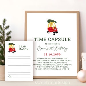 Kerst 1e verjaardag tijdcapsule tekensjabloon, eenmalige tijd van het jaar 1e verjaardag bord, vakantie 1e verjaardag, kerstboom auto 07