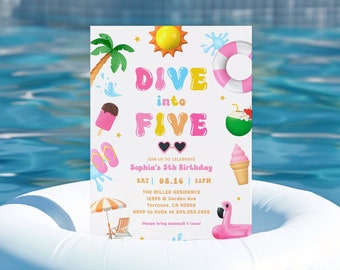 Dive into Five Pool Party Birthday Invitation Template, 5th Birthday Party Invite, Summer Birthday, Splish Splash, Girl Pool Party Editable