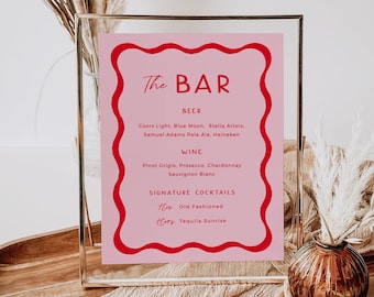 Pink and Red Bar Menu Template, Retro Wedding Drink Sign, Wavy Wedding Bar Menu, Squiggle, 70s Wedding, Fun Bar Menu, Editable Drinks Bar 22