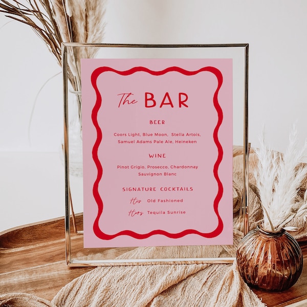 Pink and Red Bar Menu Template, Retro Wedding Drink Sign, Wavy Wedding Bar Menu, Squiggle, 70s Wedding, Fun Bar Menu, Editable Drinks Bar 22