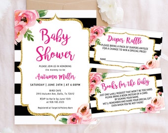 Floral Baby Shower Invitation Editable Template Set, Black Striped Baby Shower Invite Printable, Hot Pink, Kate Theme Baby Shower Insert DIY