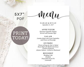 Wedding Menu Template, 5"x7" Menu Printable, Editable Wedding Menu, DIY Reception Menu, Calligraphy Menu Cards, Rustic Menu Template, PDF