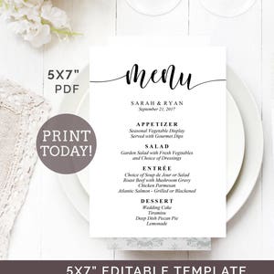 Wedding Menu Template, 5x7 Menu Printable, Editable Wedding Menu, DIY Reception Menu, Calligraphy Menu Cards, Rustic Menu Template, PDF image 1