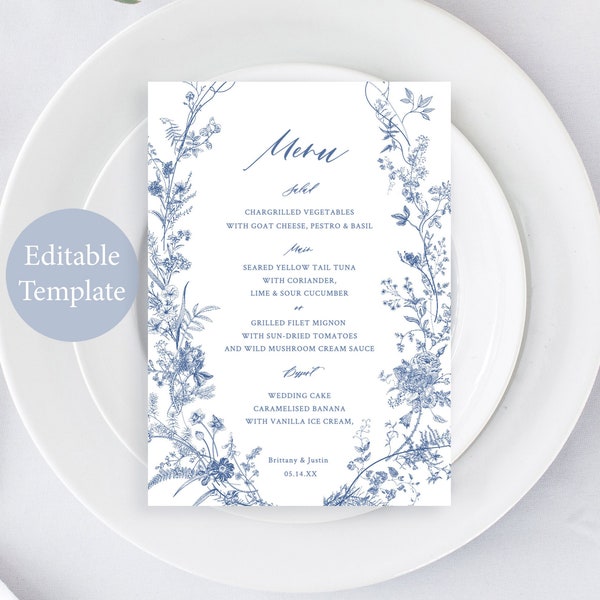 Something Blue Bridal Shower Menu Template, Floral Blue Bridal Shower Menu Cards, Victorian, French, Chinoiserie, Dusty Blue Menu 14