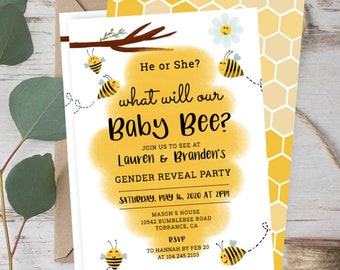 May include: A gender reveal party invitation with a yellow and white honeycomb pattern background. The invitation features a cartoon bee and the text "He or She? What will our Baby Bee?"  Join us to see at Lauren & Branden's Gender Reveal Party. Saturday, May 16, 2020 at 2pm. Mason's House, 10542 Bumblebee Road, Torrance, CA. RSVP to Hannah by Feb 20 at 104.245.2103.