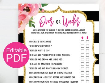 Over or Under Bridal Shower Game Template, Kate Bridal Shower Games, Hen Party Game, Pink Floral Bridal Shower Quiz Printable Over and Under