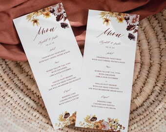 Szablon menu weselnego na jesień, jesienne kwiatowe karty menu weselnego, menu boho, karty menu stołów, rustykalne menu na kolację weselną, edytowalne 015