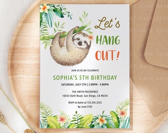 Sloth Birthday Party Invitation Template, Sloth Party, Sloth Invites, Sloth Invitations, Let's Hang Out, Girl Birthday Invitation Printable