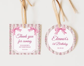 Pink Bow Birthday Tags, Fancy One Birthday, Girl Thank You Tags, Coquette Thank You Tags, Pink Bow Party Favors, Pink Birthday Tags DIY