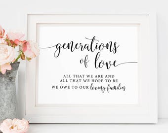 Generations Of Love Hochzeitsschild, alles, was wir sind und hoffen, druckbar zu sein, rustikales Hochzeitsempfangs-Familien-Dankeschön-Zeichen, Zeremonie-Zeichen