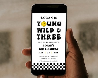 Young Wild and Three Birthday Evite, Boy 3rd Birthday, Wild 3 Birthday Invite, Boy Third Birthday Party, Text Message, Instant Download