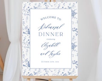 Dusty Blue Rehearsal Dinner Welcome Sign Templates, Vintage Floral, Toile Wedding, Wedding Rehearsal Signs, The Night Before Signage 14