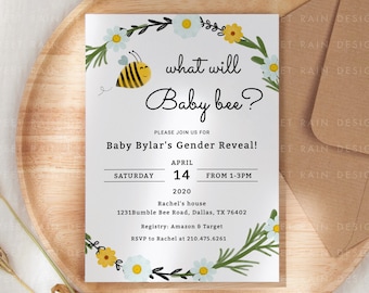 What Will Baby Bee, Gender Reveal Invitation Bee, What Will It Bee Gender Reveal, Gender Reveal Invite, He or She Reveal Invites Editable