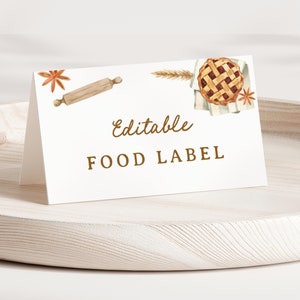 Modelo de cartão de lugar para chá de bebê Cutie Pie, rótulo de comida para chá de bebê Sweet as Pie, barraca de comida para torta de abóbora de outono, cartão de menu de bufê, editável