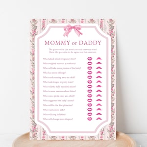 Roze strik babyshowerspel, Guess Who mama of papa gamekaart afdrukbaar, leuke babyshoweractiviteit, Love Shack babyshower, bewerkbare coquette