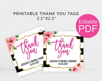 Kate Thank You Tags Template, DIY Floral Thank You Tag, Kate Inspired Printable Favor Tags, Black and White Stripes Decor, Bachelorette Tags
