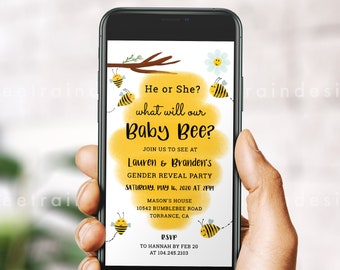 Bee Gender Reveal Evite, What Will It Bee Gender Reveal, Bee Gender Reveal Invitation Digital, He or She What Will It Bee, Little Honey