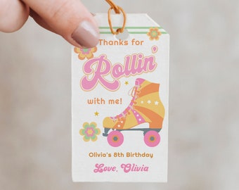 Roller Skate Party Thank You Tags Template, Groovy Girl Birthday Party Favor Tags, Let's Roll Birthday Party Printable Retro Skate thank You