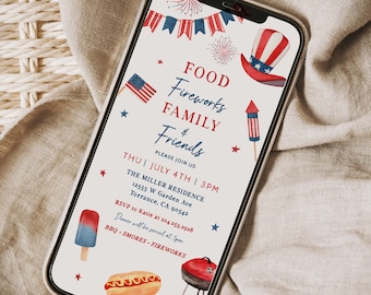 May include: A digital invitation for a 4th of July celebration with the text "Food, Fireworks, Family & Friends". The invitation includes details about the date, time, location, and RSVP information. The design features red, white, and blue colors, stars, and fireworks.
