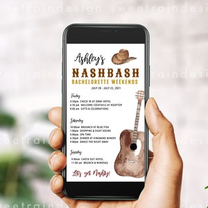 Może przedstawiać: Ekran smartfona wyświetlający plan weekendowego wieczoru panieńskiego w Nashville, Tennessee. Plan obejmuje takie atrakcje jak brunch, zakupy, wizytę w spa i kolację. Tło ekranu to akwarelowa ilustracja gitary i kowbojskiego kapelusza.