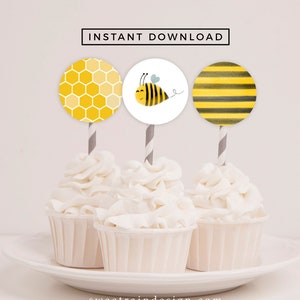Bee Cupcake Toppers, Printable Cupcake Toppers, Happy Bee Day, Bumble Bee Birthday Decorations, Bee Theme Baby Shower Topper, Bee Birthday