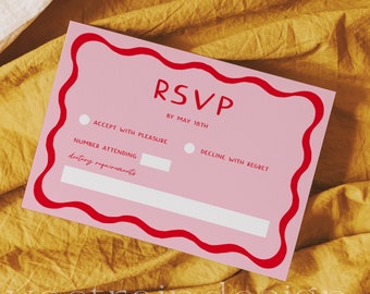 Pink and Red Wedding RSVP Template, Retro RSVP Cards, 70s Wedding, Wavy RSVP, Wave Wedding, Squiggly, French, Palm Springs, Editable  22