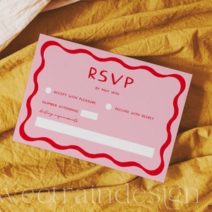 Plantilla RSVP de boda rosa y roja, tarjetas retro RSVP, boda de los años 70, RSVP ondulada, boda ondulada, ondulada, francesa, Palm Springs, editable 22