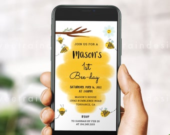 Eerste Bee Day Evite, 1e Bee Day uitnodiging, Bee verjaardag nodigt, Happy Bee Day, Bumble Bee verjaardag, Honey Bee uitnodiging voor feest digitaal