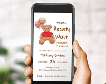 Teddy Bear Baby Shower Evite, We Can't Bearly Wait Invitation Template, Teddy Bear Invite Digital, Teddy Bear Theme, Editable Baby Boy Evite