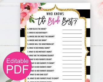 Who Knows The Bride Best Editable, Kate Bridal Shower Games Printable, Wedding Shower Game, Spade Shower Party, Know The Bride Quiz Template