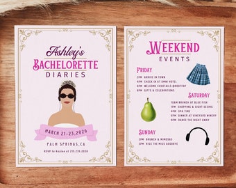 Pink Princess Bachelorette Party Itinerary Template, Princess of Genovia Bach Invitation, Sleepover Bach, Diaries, Me A Bride Shut Up, Royal