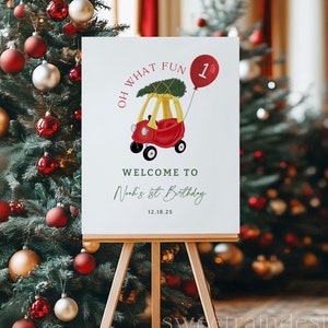 Oh, que modelo divertido de placa de boas-vindas de aniversário, pôster de boas-vindas para o primeiro aniversário para impressão, tema de Natal de carro de brinquedo, Natal Onederful 07