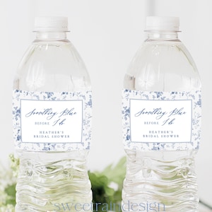 Something Blue Bridal Shower Water Bottle Label Template, Floral Blue Bridal Shower Decor, Victorian, French, Chinoiserie, Blue Labels 14