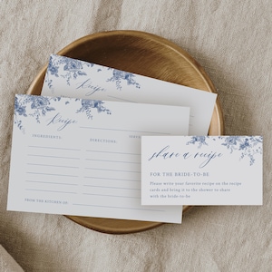 Plantilla de tarjeta con receta para despedida de soltera "Something Blue", inserto de tarjeta con receta, imprimible para compartir una receta, victoriano, francés, chinoiserie, editable 14