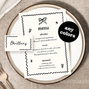 Handwritten Menu Cards Template, Hand Drawn Wedding Menu, Dinner Party Menu Cards, Printable, Customizable Menu, Ribbon, Whimsical 019