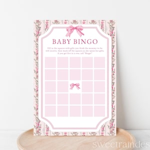 Cartão de jogo de bingo para chá de bebê com laço rosa para impressão, atividade divertida para chá de bebê, jogo de chá de bebê Love Shack, bingo para chá de bebê Coquette editável
