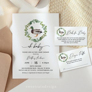 Duck Baby Shower Invitation Template, Mallard Duck Invitation, Gender Neutral Baby Shower Invites, Duck Diaper Raffle, Duck Books for Baby
