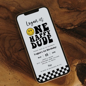One Happy Dude Birthday Evite DIGITAL, Smile Face Boy 1st Birthday Phone Invitation Template, Retro, Happy Dude Invite, E-Invite, Text