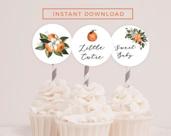 Topper Little Cutie, One Little Cutie, A Little Cutie Idzie na Baby Shower, Toppery na babeczki Little Cutie, Dekoracja Little Cutie, Pomarańczowy