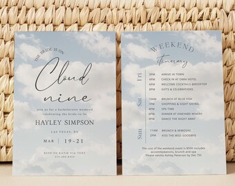 Modèle d’invitation Cloud 9 Bachelorette, La mariée est sur Cloud Nine, Itinéraire du week-end Bachelorette, Elle est sur Cloud 9 Invite, Douche nuptiale