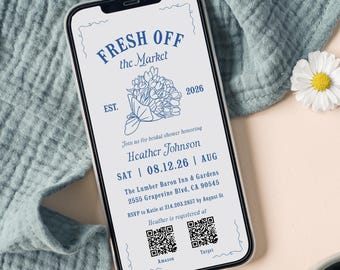 Off The Market Bridal Shower Invite Template, Farmer's Market Bridal Brunch Invitation, Garden, Blue Bridal Shower Invite Digital, Canva